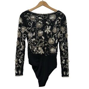CACH’E Vintage 80s Women’s Black and White Beaded Sequin Long Sleeve Bodysuit